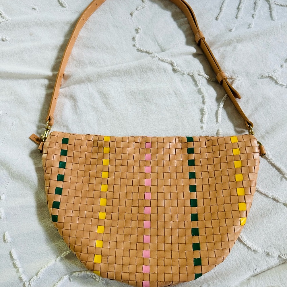 Clare V Tan Woven Grande Fanny Bag with Pink, Yellow, and Green Accents.